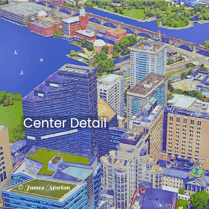 Canvas print detail view of Mass General Hospital in Boston with aerial view of the Charles River, Science Museum and Longfellow Bridge
