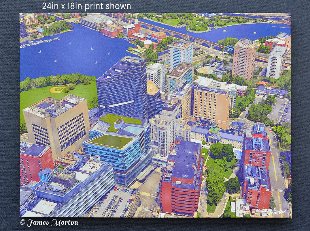 Aerial view of Mass General Hospital Campus featuring Bullfinch Building and Ether Dome. Stretched Canvas Art Print.