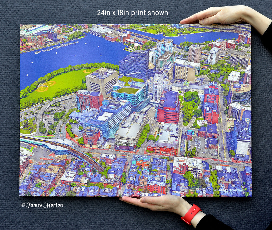Experience the breathtaking aerial view of Mass General Hospital in Boston West End with this stunning art print. This Canvas Print showcases the hospital's grand architecture and surrounding cityscape.