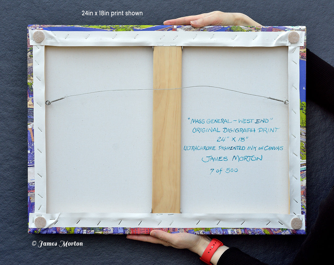 Experience the beauty of Mass General Hospital and Boston West End with this stunning aerial view art print. Each canvas is hand-signed, titled, and numbered by the artist, making it a limited edition piece. Perfect for any art collector or fan of Boston architecture.