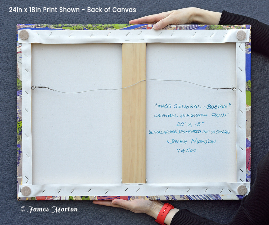 Back detail view of Hand-stretched Canvas Print signed and number by the Artist. Mass General Hospital's Bullfinch Building and Mass Eye and Ear in Boston West End.