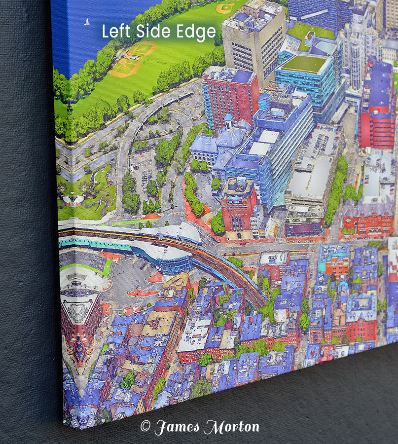 Boston West End Canvas Print left corner detail with image wrapped edge. Aerial view features Charles MGH T Stop, Mass Eye and Ear, Mass General Hospital.