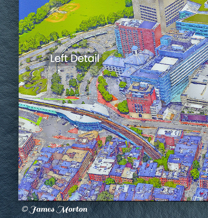 Detail view of Canvas Print of Boston West End Aerial view featuring Mass Eye and Ear, Liberty Hotel, and more, it adds character to any space! Perfect for those inspired by the city and its architecture.