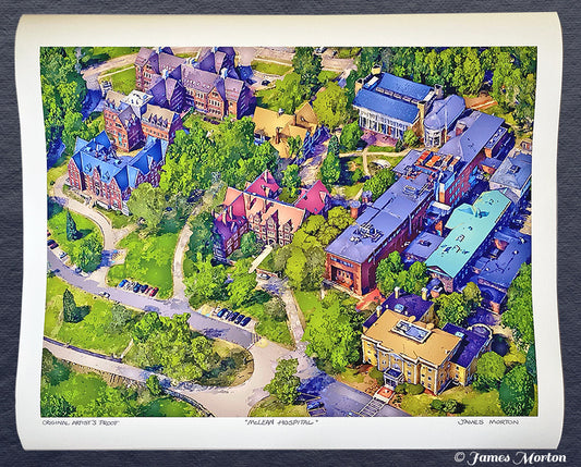 Signed 40x30 inch fine art print of McLean Hospital on watercolor paper, featuring aerial view of historic Belmont MA campus with vibrant colors and therapeutic landscape design.