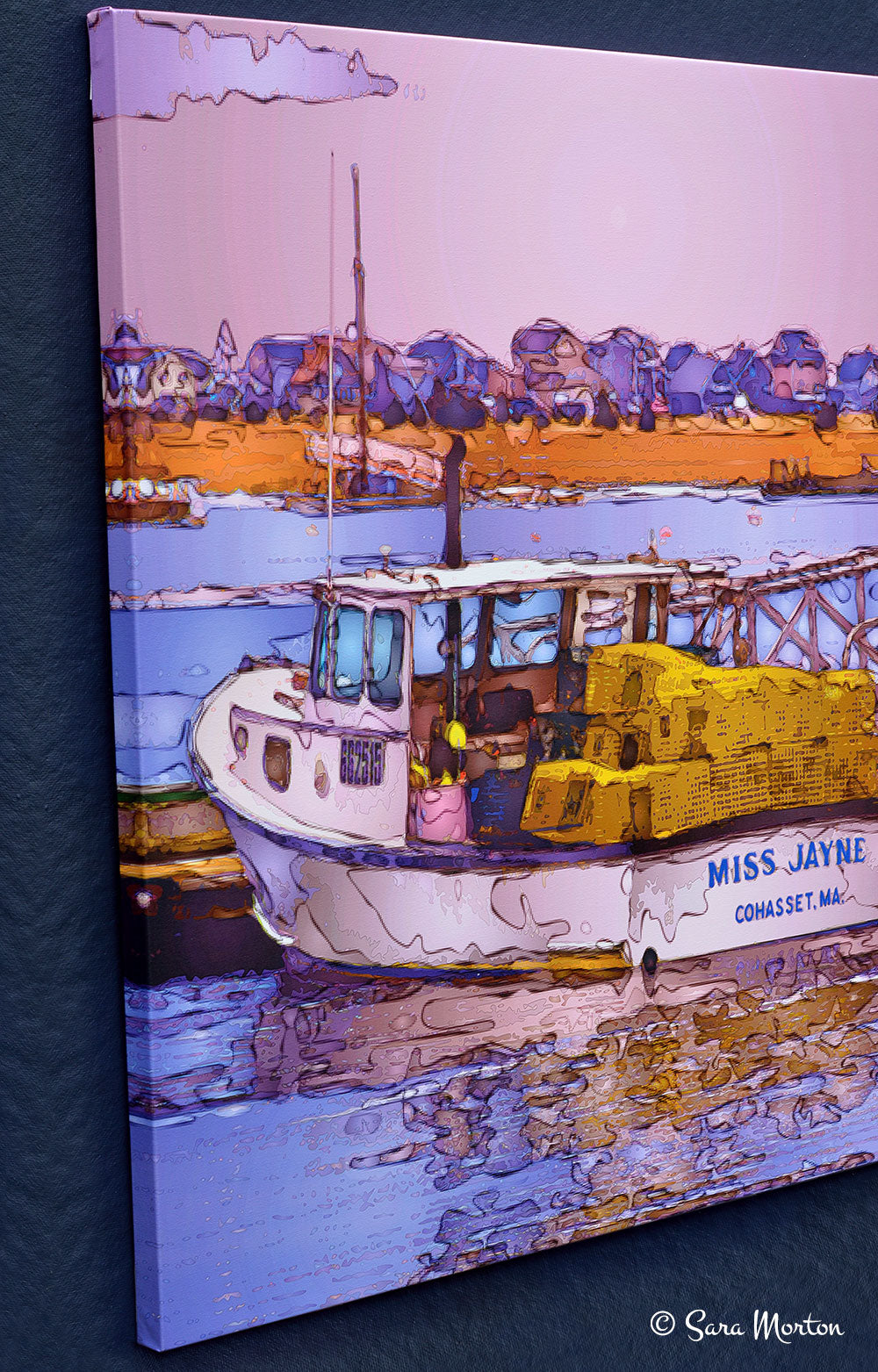 Left side view of stretched canvas print of the Miss Jayne lobster boat in Cohasset MA Harbor, 40in x 40in, highlighting the vibrant yellow lobster traps reflected in the water.