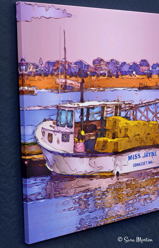 Left side view of stretched canvas print of the Miss Jayne lobster boat in Cohasset MA Harbor, 40in x 40in, highlighting the vibrant yellow lobster traps reflected in the water.