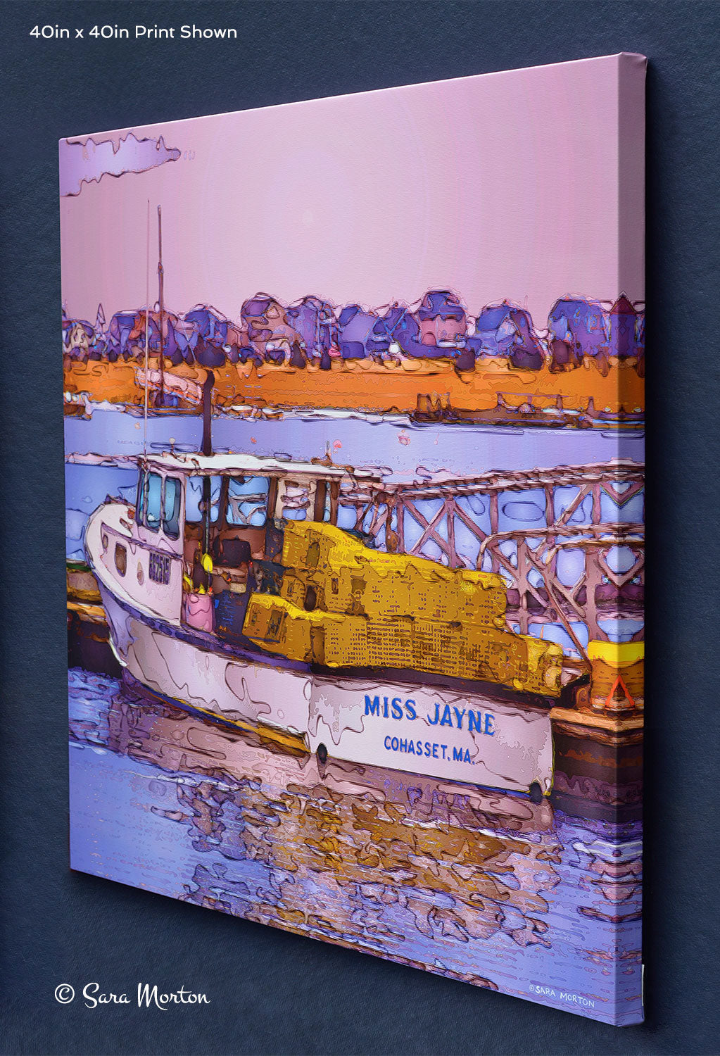 Right side view of stretched canvas print of the Miss Jayne lobster boat in Cohasset Harbor, 40in x 40in, capturing the warm violet sky casting a radiant glow over the shore.