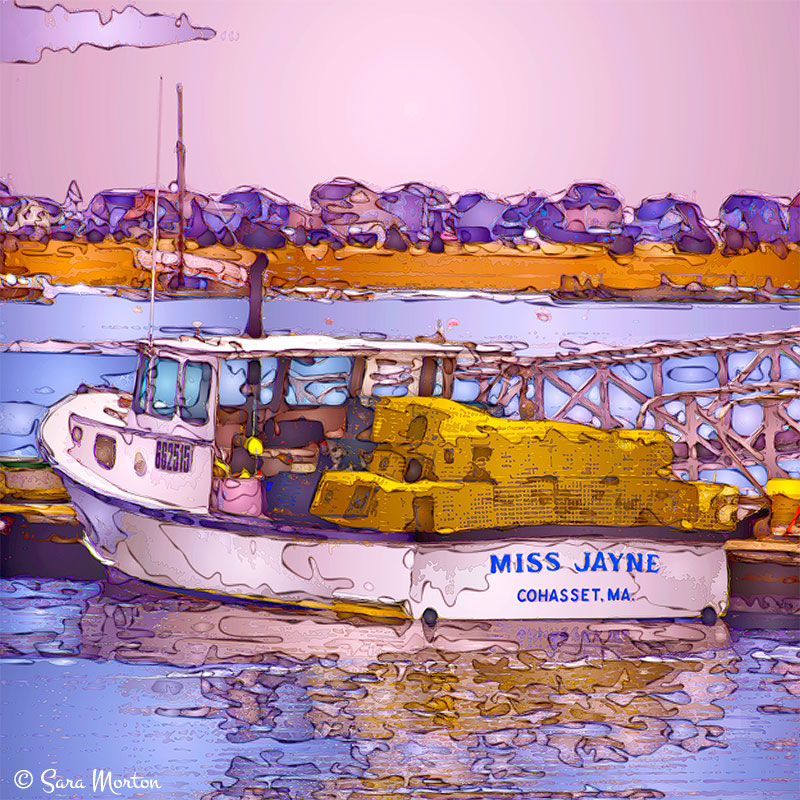 Original artwork of Miss Jayne lobster boat in Cohasset Harbor, depicting a dreamlike scene at dusk. Original Digigraph Print by Artist Sara Morton.