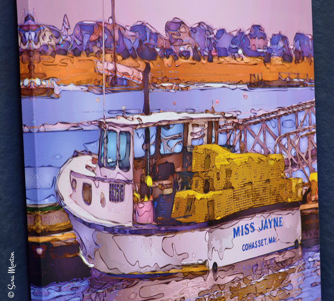 Detail view of stretched canvas print of the Miss Jayne lobster boat in Cohasset MA Harbor, showcasing the loose sketchy shapes, playful pixels, and translucent layers of color.