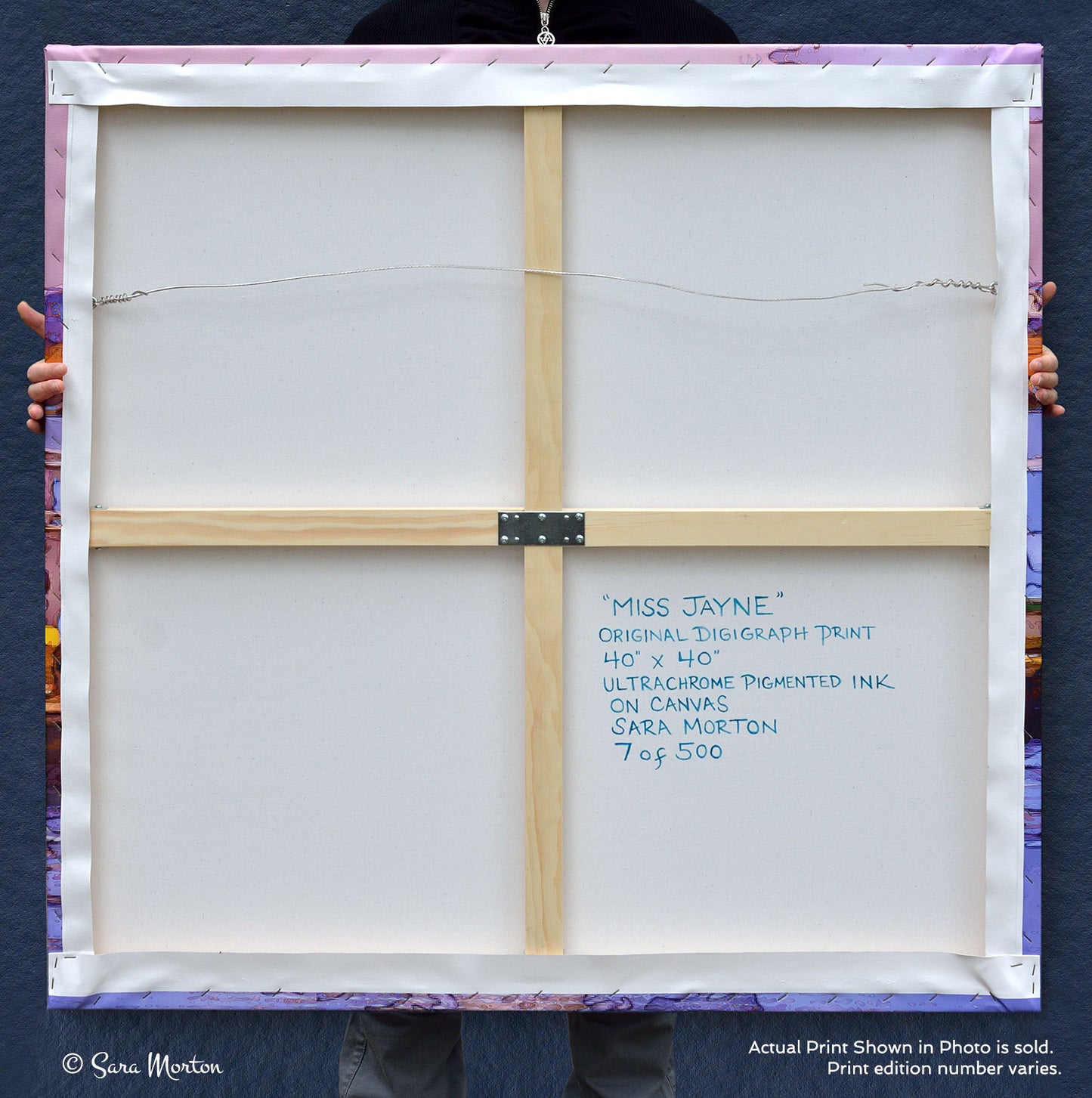 Back view of stretched canvas print of the Miss Jayne lobster boat in Cohasset Harbor, featuring the artist's hand labeling and signature.