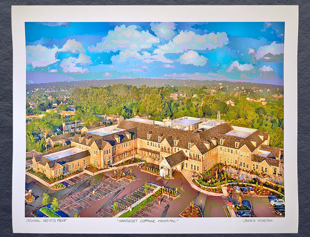 Original signed 40in x30in Digigraph print of Nantucket Cottage Hospital with Mill Hill Park and neighborhood homes, printed on textured watercolor paper.