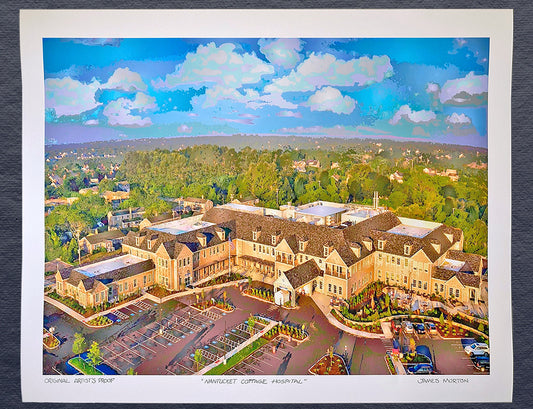 Original signed 40in x30in Digigraph print of Nantucket Cottage Hospital with Mill Hill Park and neighborhood homes, printed on textured watercolor paper.