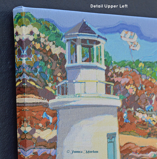 Close-up detail of top corner and Lobster Point Lighthouse on 11x8 canvas with wrapped edge