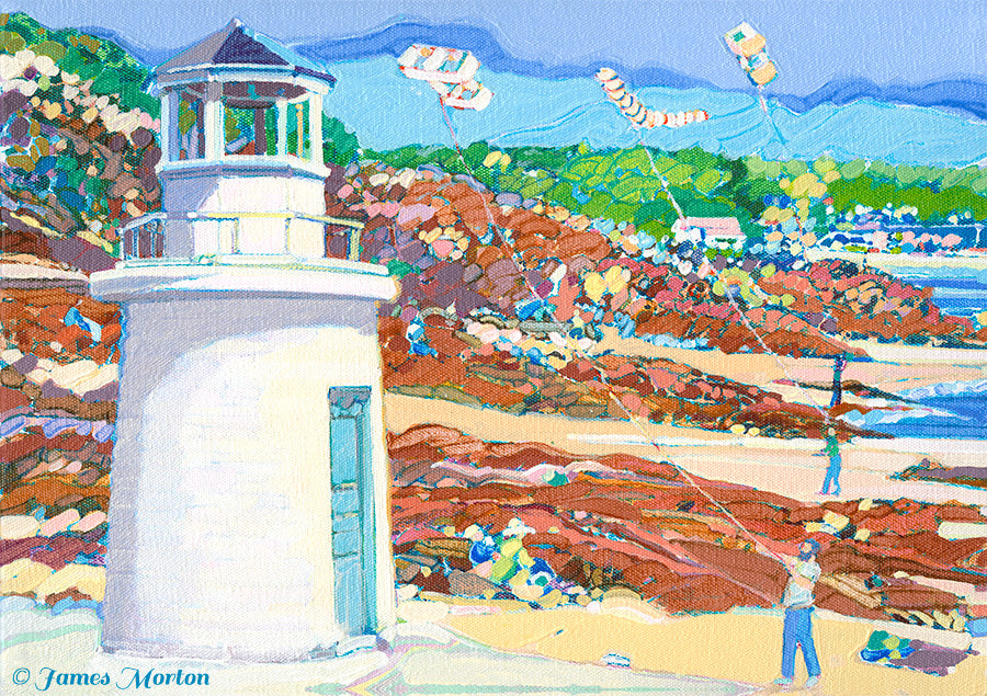 Painting of Lobster Point Lighthouse on Marginal Way Trail in Ogunquit, Maine – Fine Art Print by James Morton