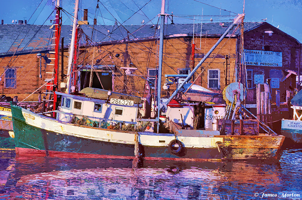 Fine Art Print of Old Fisherman's Wharf in Gloucester, Massachusetts - Cape Ann - USA Artist James Morton. Gloucester harbor art print with long fishing boat, masts, rigging, Texaco boathouse, and rippled water.