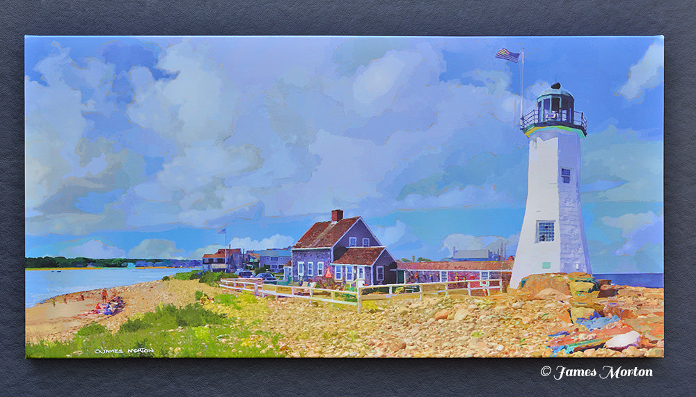 Scituate Lighthouse MA Canvas print with the rocky beach in the foreground. Ready to hang, 40in x 20in stretched canvas print on heavy duty stretcher bars.