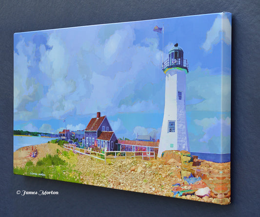 Canvas print of Scituate Lighthouse in MA.  Right side view of Stretched canvas on heavy duty stretcher bars with image wrapped edges. 40in x 20in print shown. James Morton Artist -Original Digigraph Print.