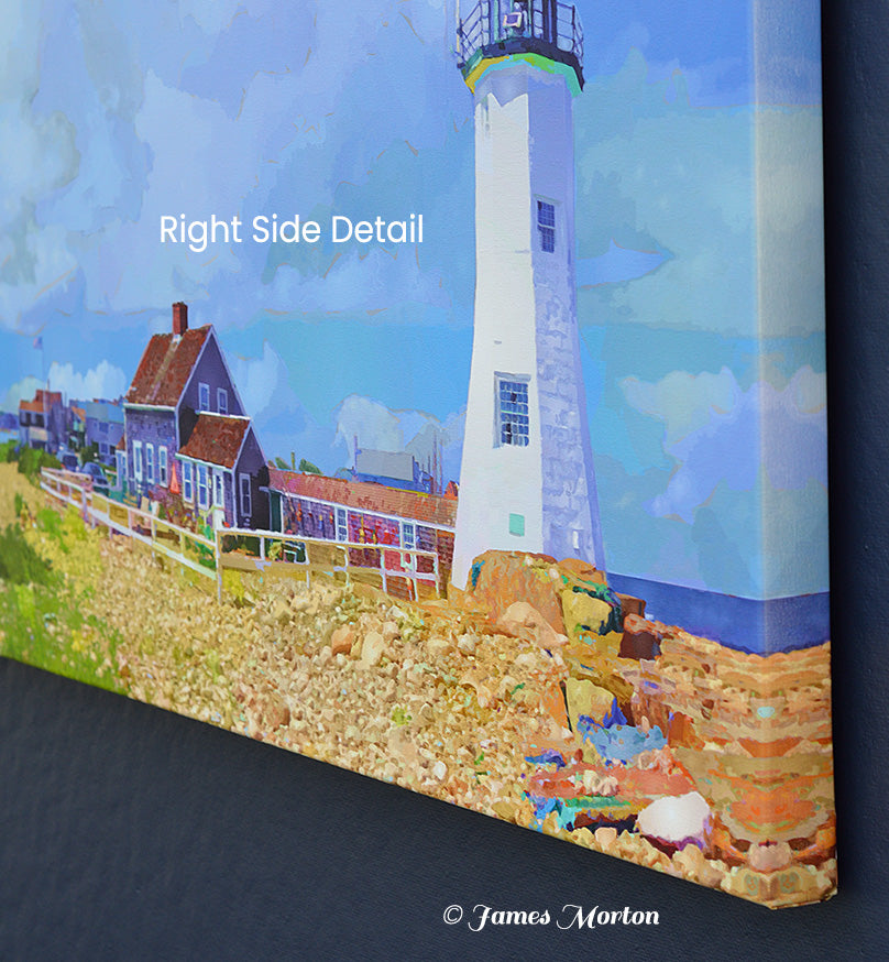 Right side view of canvas print of Scituate Lighthouse in MA. Stretched canvas on heavy duty stretcher bars with image wrapped edges. 40in x 20in print shown. James Morton Artist -Original Digigraph Print.