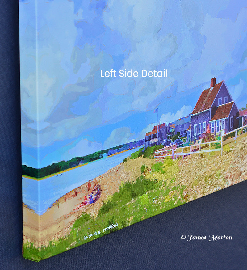 Scituate Lighthouse MA canvas print, detail of left side featuring the beach in the foreground and Lightkeeper’s Cottage on the right.