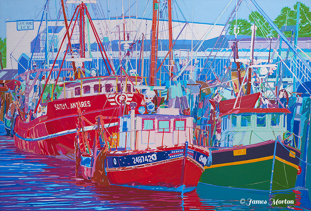 Painting of Gloucester MA Fishing Boats and Cape Pond Ice in Harbor at Fisherman's Wharf