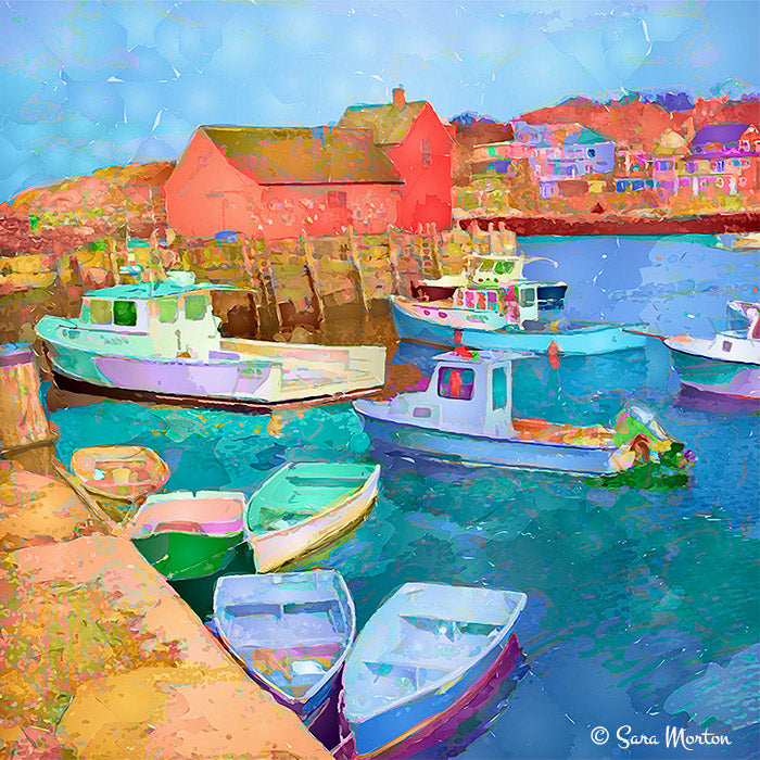 Colorful coastal art print depicting Motif Number One in Bearskin Neck with fishing boats docked in Rockport Harbor, Rockport Massachusetts. New England