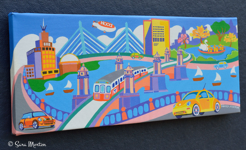Boston Canvas Print: Zakim Bridge, Science Museum, Longfellow Bridge, Charles River, Swan Boat, Sailboats, Mass Eye and Ear, Volkswagen Beetle - Left Side View