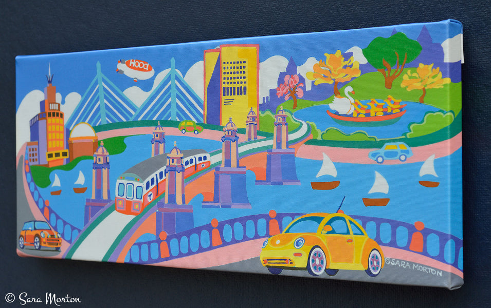 Boston Art Print on Canvas : Zakim Bridge, Science Museum, Longfellow Bridge, Charles River, Swan Boat, Sailboats, Mass Eye and Ear, Volkswagen Beetle - Right Side View