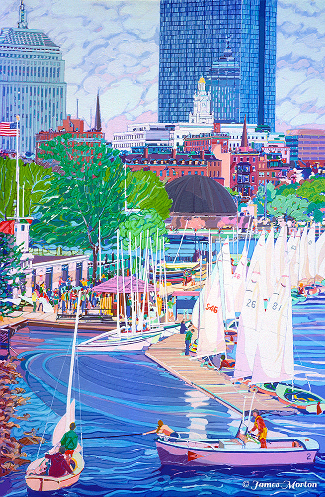Painting of Boston Community Boating Boat House with Sailboats on Charles River,  Fine Art Print of Boston Back Bay Skyline with the Hatch Shell, Old John Hancock building, John Hancock Tower and the Newbry building in the background.