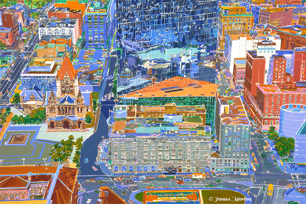 Painting of Boston Back Bay Aerial View of Copley Square with Fairmont Copley Plaza Hotel, Hancock Tower and Trinity Church