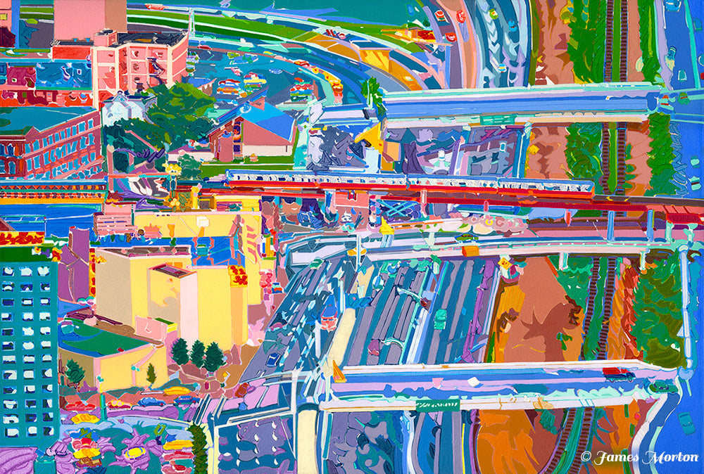 Vibrant aerial painting of the Boston Mass Pike with the Red Line MBTA Train moving across the Pike.  Chinatown Neighborhood is featured on left..