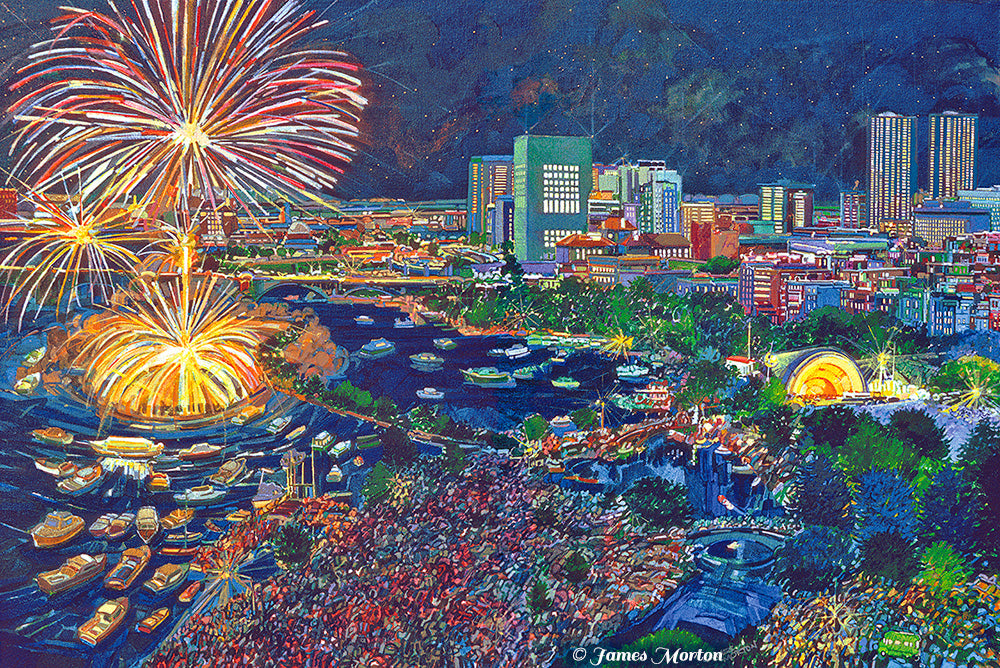 Painting of Boston Pops Fourth of July Fireworks Display at Charles River Esplanade.
