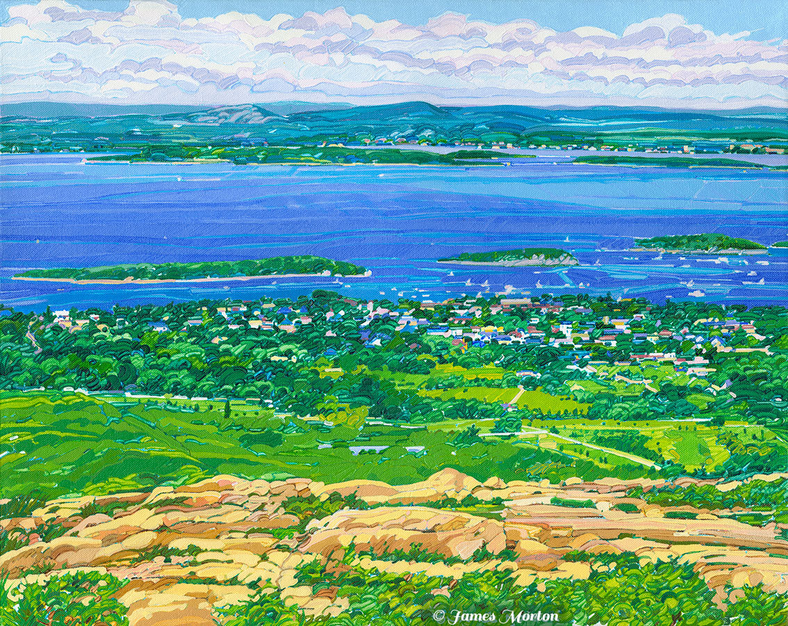 Captivating Painting and Replica Print of Cadillac Mountain Summit in Acadia National Park, Mount Desert Island, Maine. Vibrant Vista of Down East Maine, featuring Bar Harbor, the Porcupine Islands, Frenchman Bay, and the Cranberry Isles.
