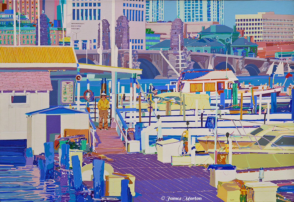 Painting of the Charles River Yacht Club Boat House in Cambridge MA near Longfellow Bridge. Skyline of Massachusetts Eye and Ear Infirmary and Liberty Hotel.
