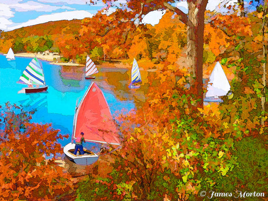 Autumn Landscape Art Print of Milton Massachusetts. Detail of sailboats gliding across Houghton's Pond in Milton, MA amid warm fall foliage.