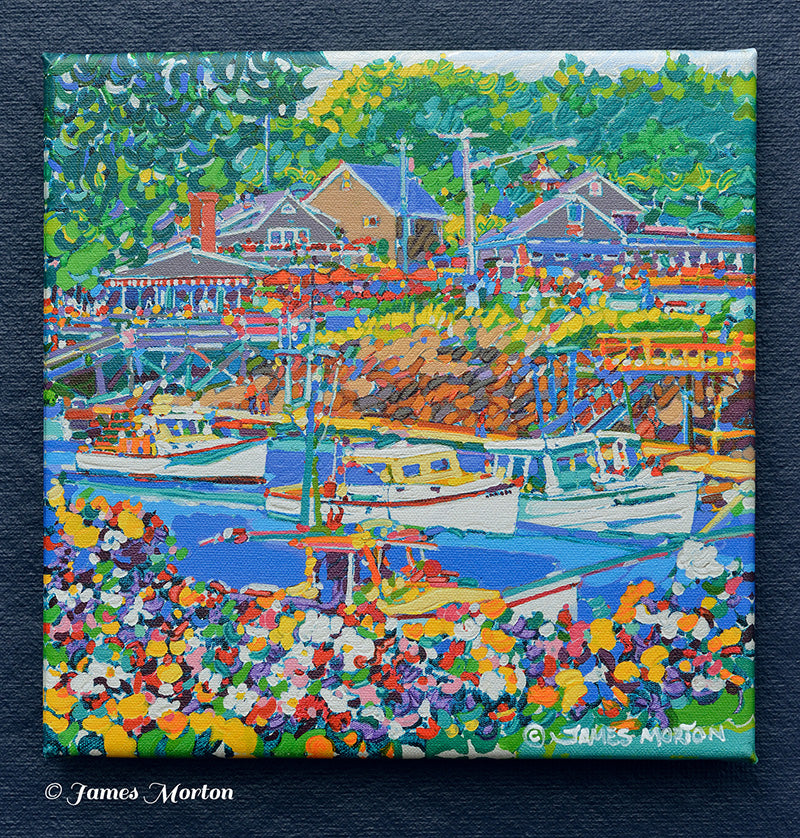 Vibrant Painting of Perkins Cove in Ogunquit Maine - Stretched Canvas Replica Print by Artist James Morton. Includes Barnacle Billy's Restaurant and Fishing Boats with Flower Garden in the front.