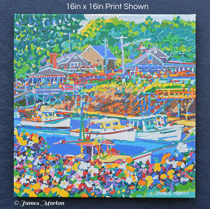 Perkins Cove, Ogunquit Maine painting by James Morton - Front view of 16x16 inch stretched canvas print. Flowers blooming in the front, fraing the array of fishing boats in front of Barnacle Billy's Restaurant.