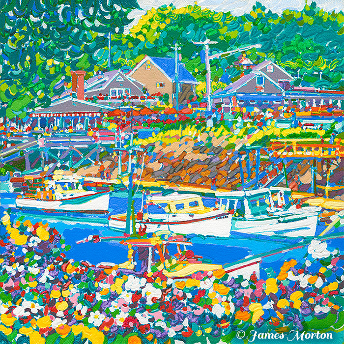 Detail view highlighting the intricate colors of 16x16 inch stretched canvas print of Perkins Cove painting by James Morton.