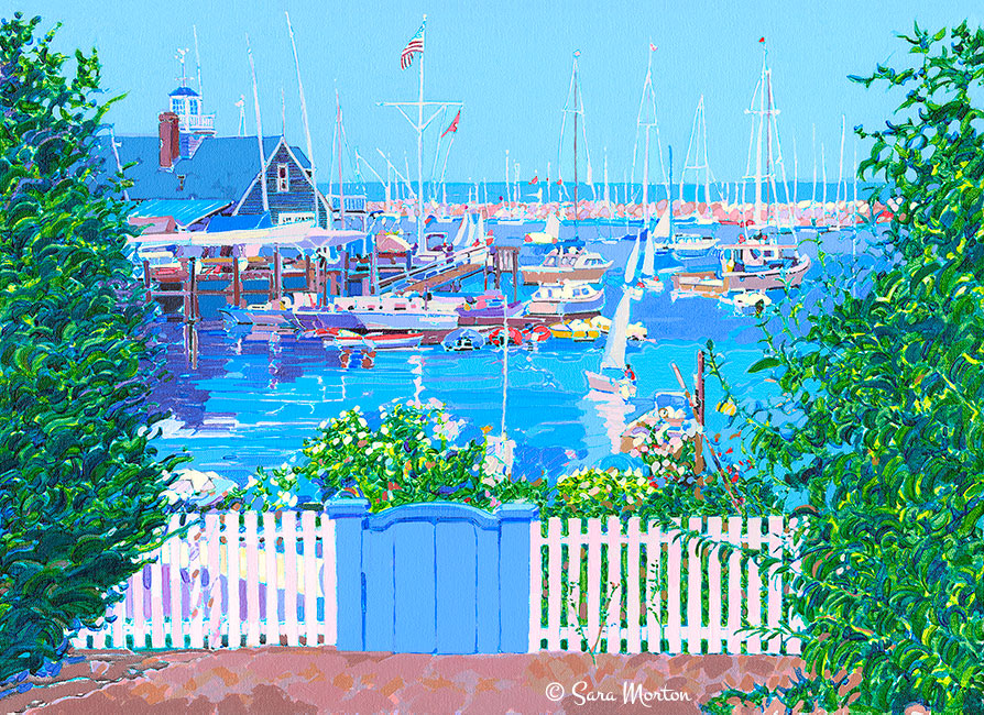 A vibrant painting depicting Rockport MA Harbor Inlet with sailboats docked, a blue-painted gate, white picket fence, green trees, and a clear blue sky.