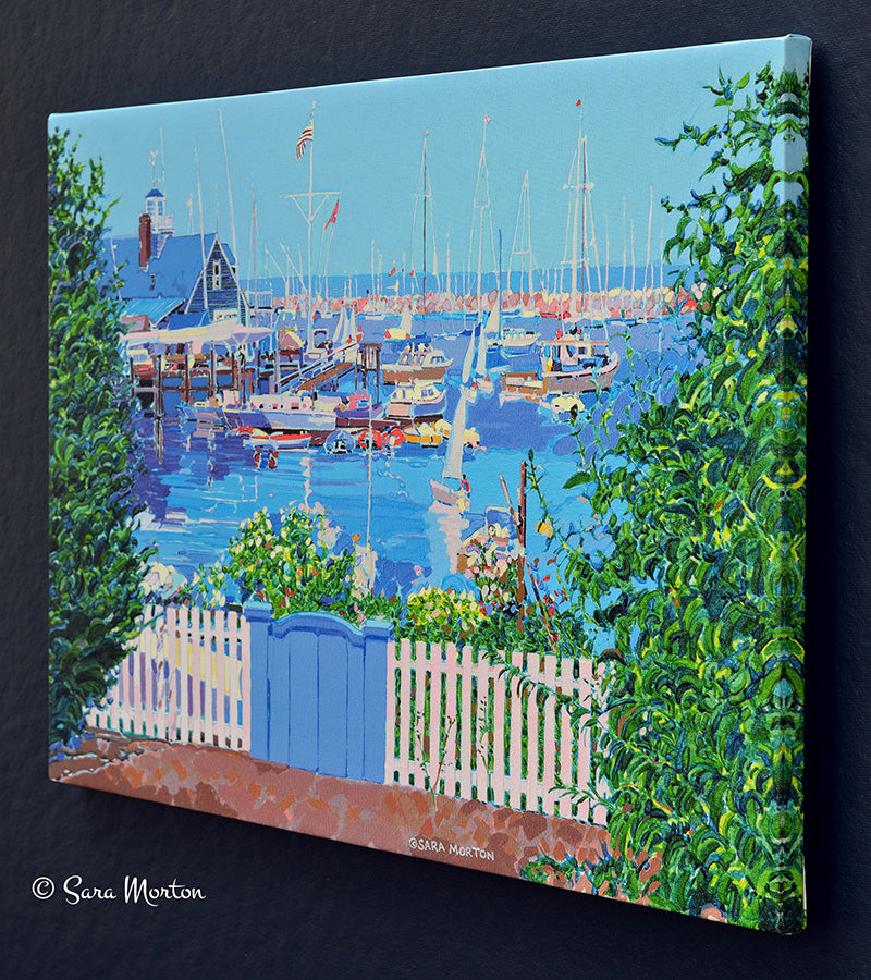Painting of Rockport MA Harbor Inlet with Sailboats in Bearskin Neck