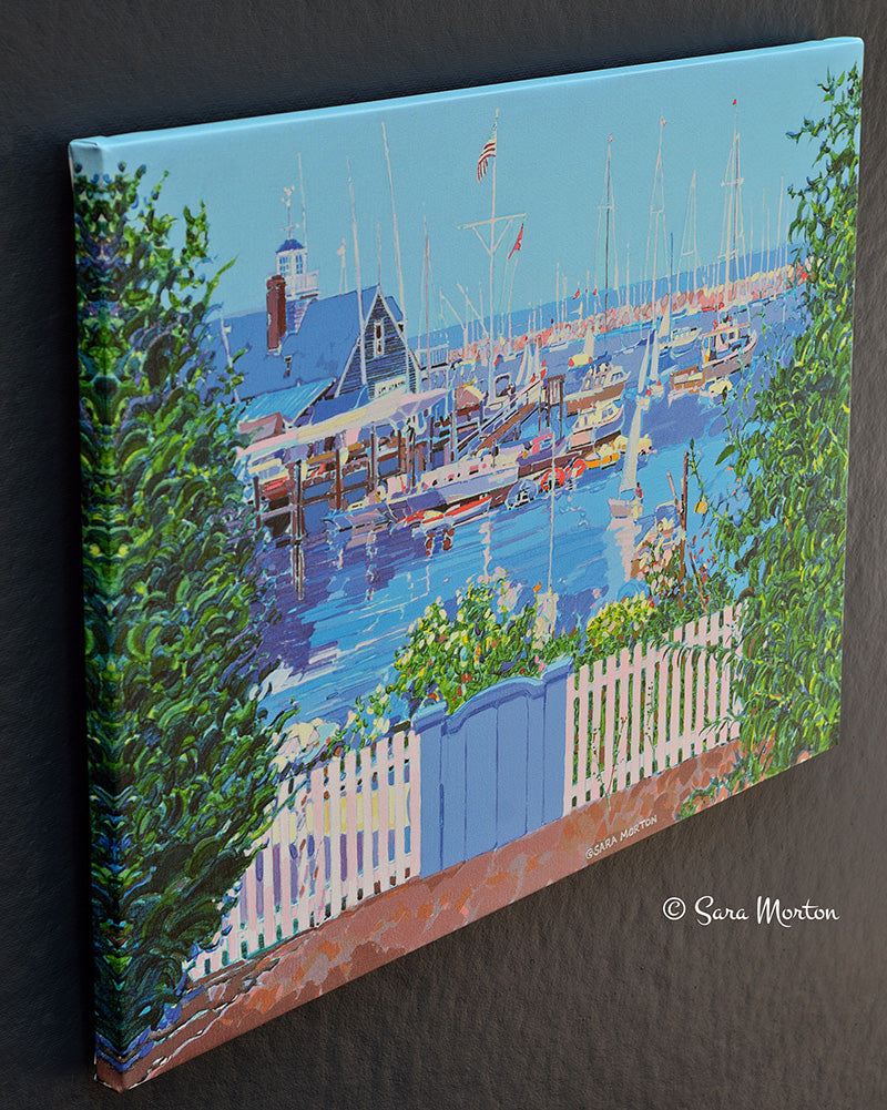 Left-side detail of Rockport MA Harbor canvas giclée print from “Harbor Inlet” painting, showing boats and Bearskin Neck shoreline.