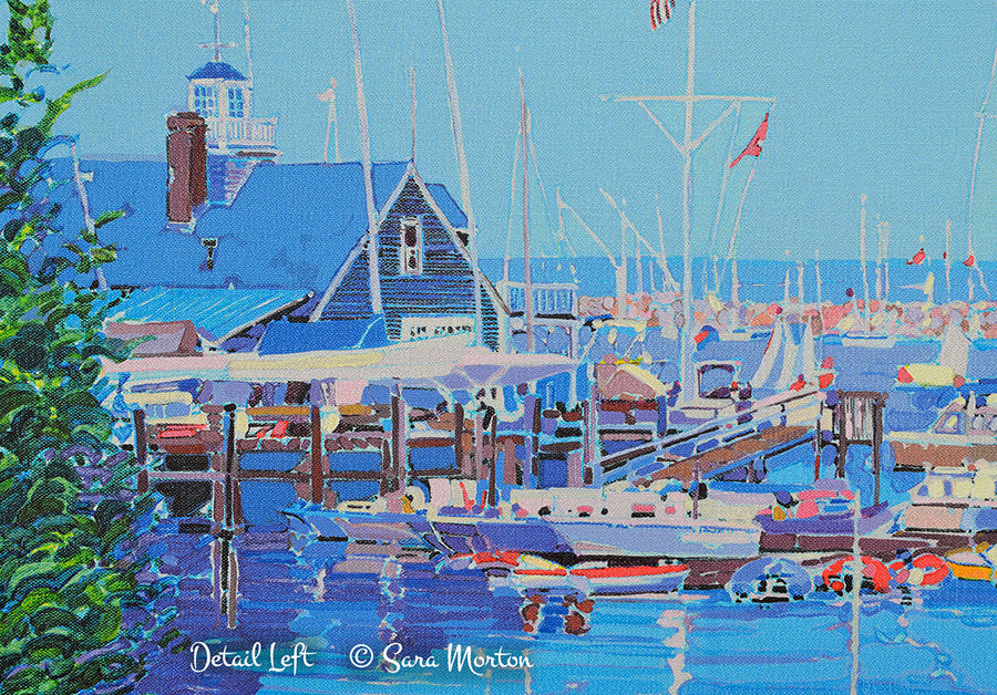 Painting of Rockport MA Harbor Inlet with Sailboats in Bearskin Neck