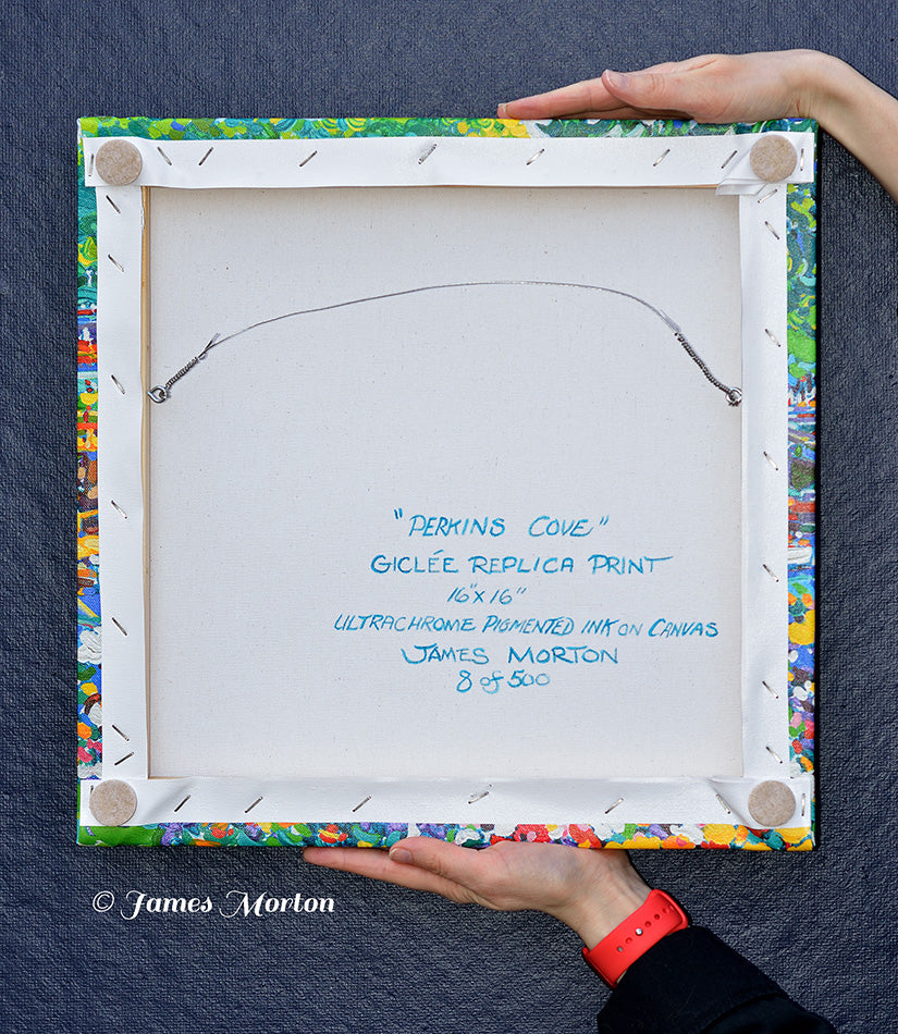 Back view of 16x16 inch stretched canvas print showcasing the Perkins Cove painting by James Morton. Handmade Canvas Print signed and labeled by Artist.