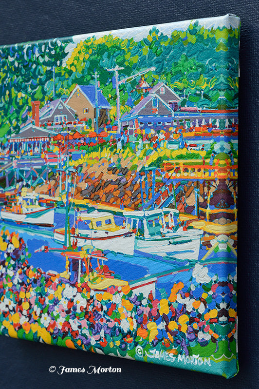 Right angle of 10x10 canvas print highlighting Barnacle Billy’s and waterfront buildings in coastal Maine