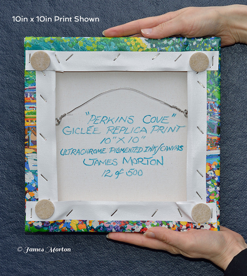 Back view highlighting craftsmanship of 10x10 inch stretched canvas print of Perkins Cove painting by James Morton.