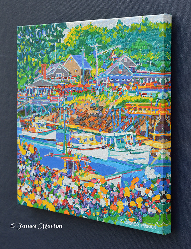 Right side view of 16x16 inch stretched canvas print showing detailed brushwork in Perkins Cove painting by James Morton.