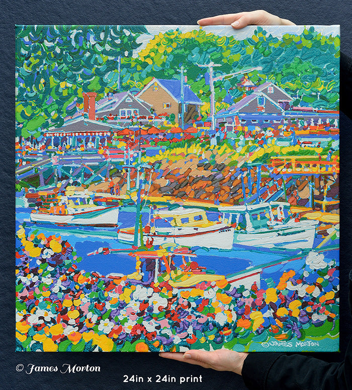 Front view of 24x24 inch stretched canvas print of vibrant Perkins Cove painting by James Morton. Ogunquit, Maine