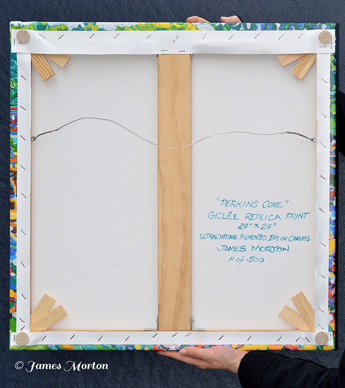 Back view showing hand signed details of 24x24 inch stretched canvas print of Perkins Cove painting by Artist James Morton.