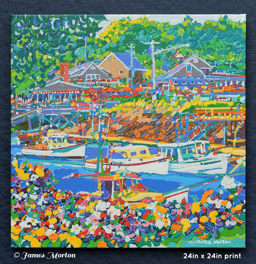 Front view of 24x24 Perkins Cove Maine canvas print featuring Barnacle Billy’s, harbor boats, and coastal flowers