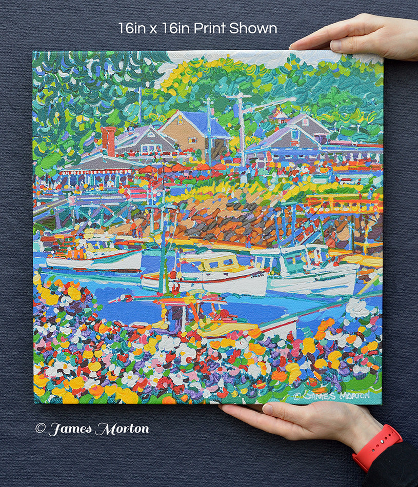 Perkins Cove Stretched Canvas Print 16in x 16in by Artist James Morton. Handheld Scale Image front of canvas.