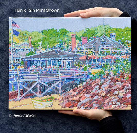 Cove Shore stretched canvas print held for scale – painting of Barnacle Billy’s, Perkins Cove, Maine